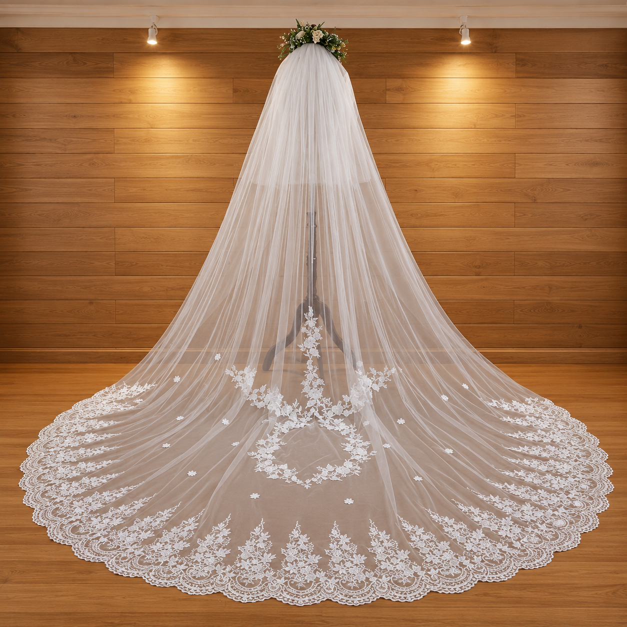 Back view of Long Bridal Veil showing full length and drape — GownLink C15V