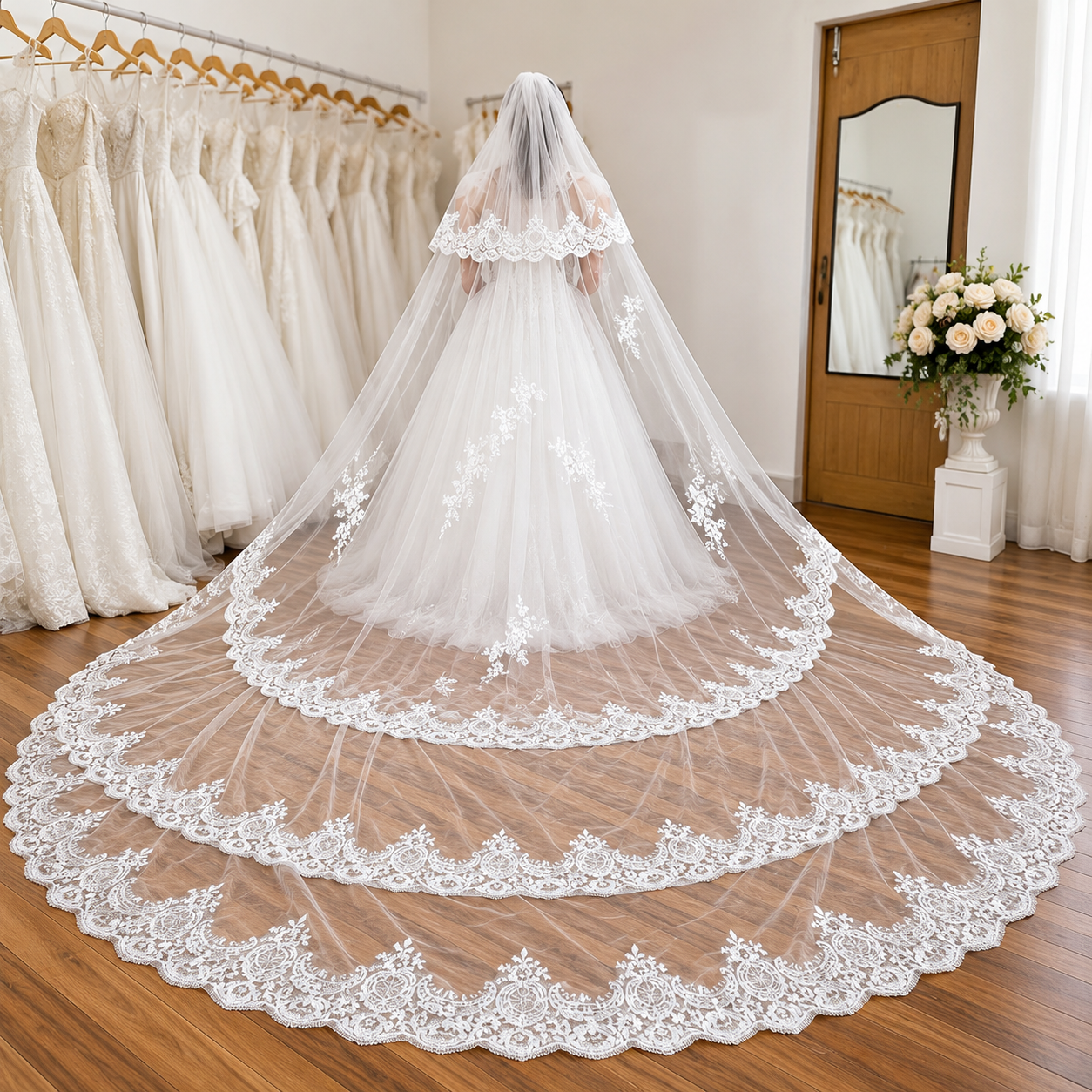 Front view of Bridal Veil with Lace draped over model — GownLink GLVAL003