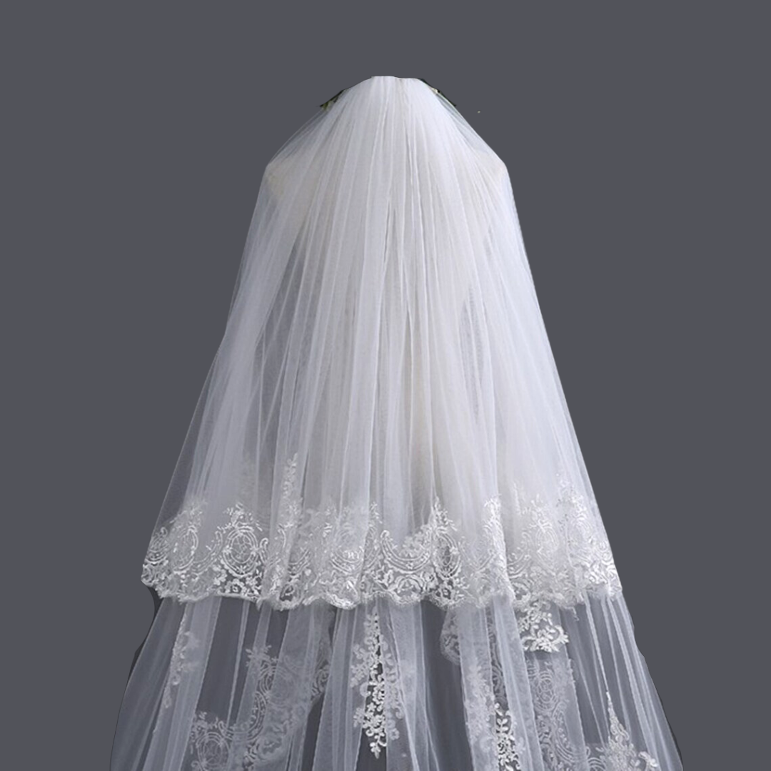 Model wearing Bridal Veil with Lace with bridal gown — GownLink GLVAL003