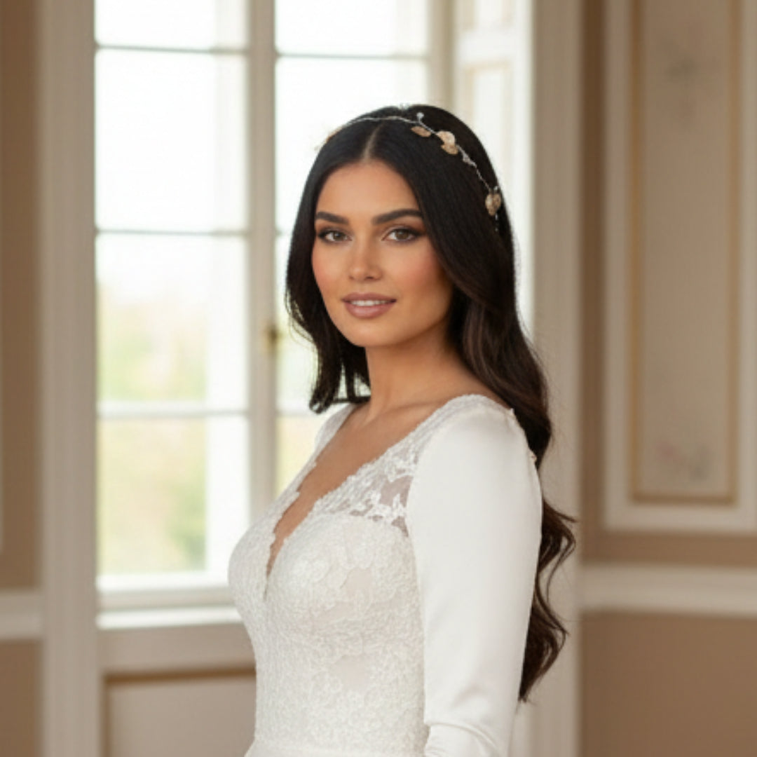 Side view of Bridal Wreath showing profile and design — GownLink W8