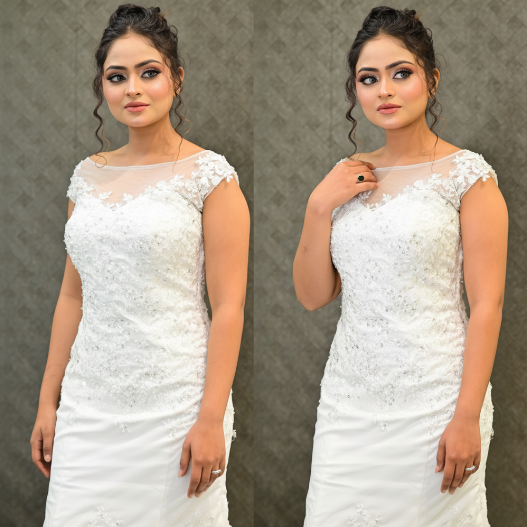 Cap-sleeve Christian wedding gown with lace embroidery and an elegant mermaid-style skirt