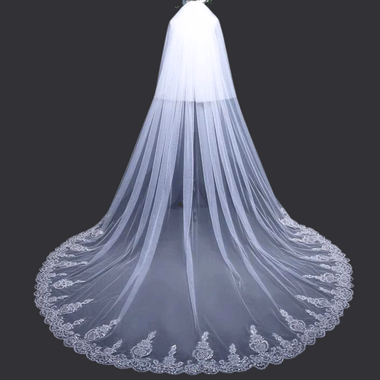 Back view of Cathedral Bridal Veil showing full length and drape — GownLink GLV10
