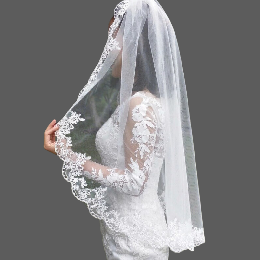 Back view of Cathedral Bridal Veil showing full length and drape — GownLink GLV1800S