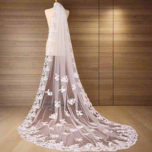 Back view of Cathedral Bridal Veil showing full length and drape — GownLink GLVHM1