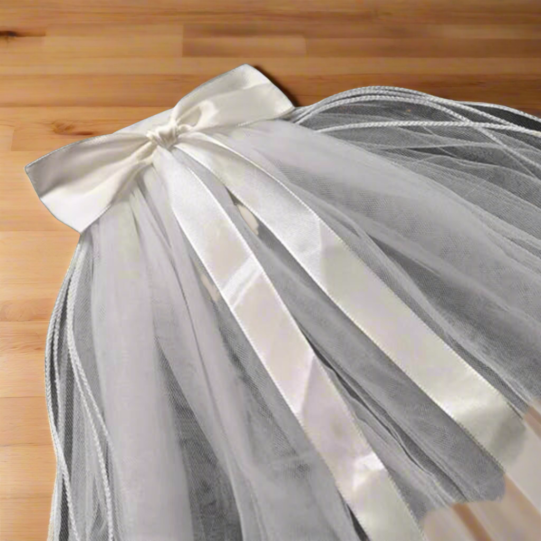 Back view of Cathedral Bridal Veil showing full length and drape — GownLink GLVHM10