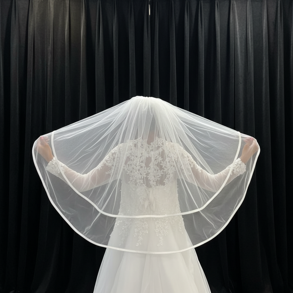 Back view of Cathedral Bridal Veil showing full length and drape — GownLink GLVP01