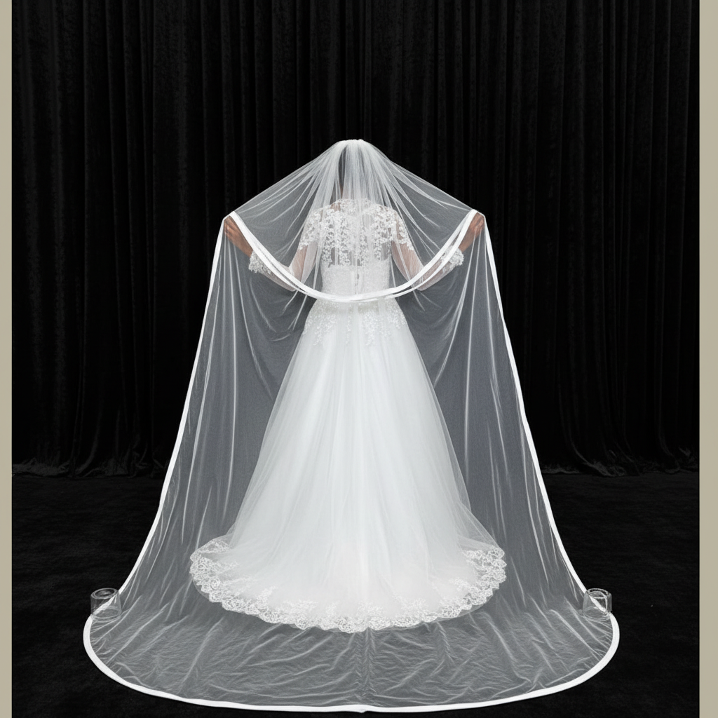 Back view of Cathedral Bridal Veil showing full length and drape — GownLink GLVP01