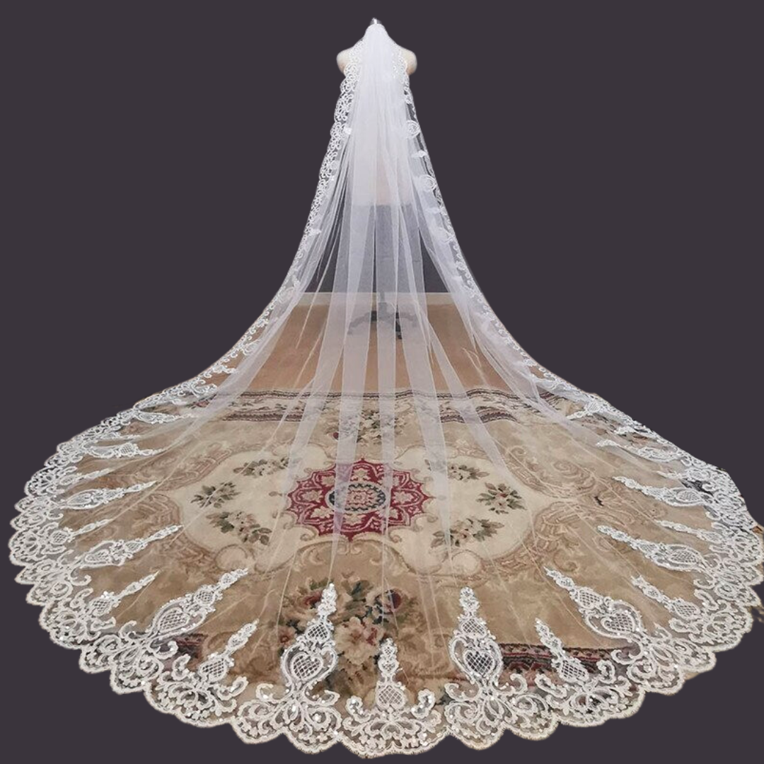 Front view of Cathedral Bridal Veil draped over model — GownLink GLV10