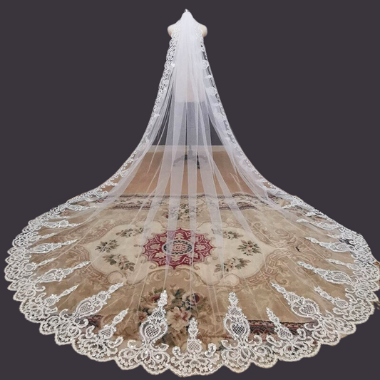 Front view of Cathedral Bridal Veil draped over model — GownLink GLV10