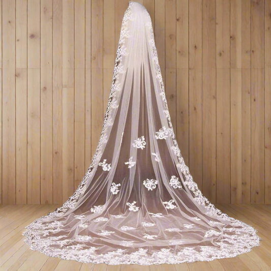 Front view of Cathedral Bridal Veil draped over model — GownLink GLVHM1