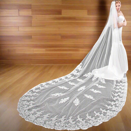 Front view of Cathedral Bridal Veil draped over model — GownLink GLVHM5A