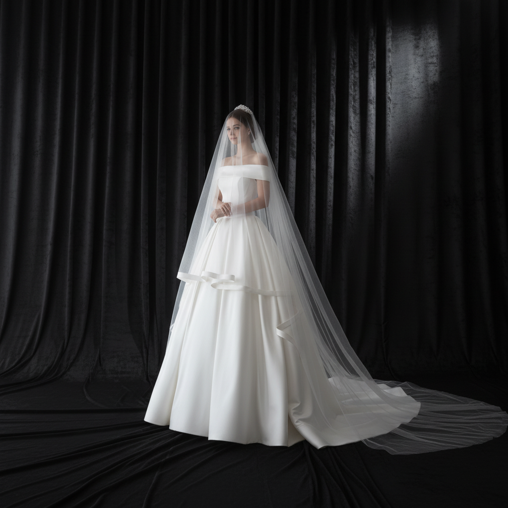 Front view of Cathedral Bridal Veil draped over model — GownLink GLVP01