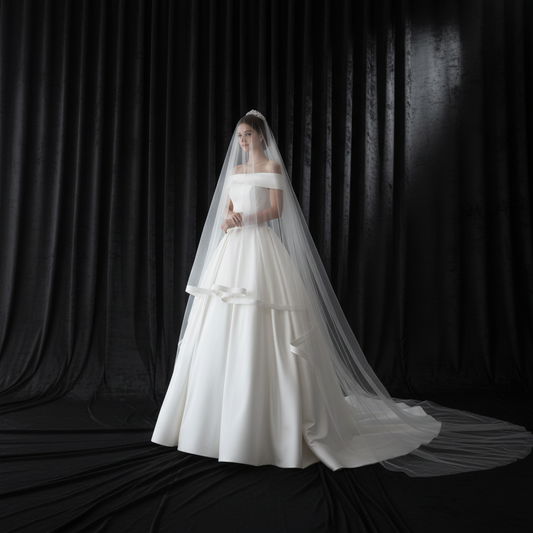 Front view of Cathedral Bridal Veil draped over model — GownLink GLVP01