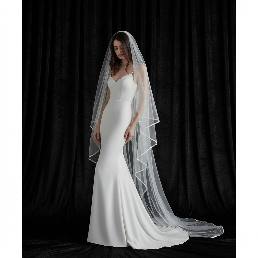 Front view of Cathedral Bridal Veil draped over model — GownLink GLVP01