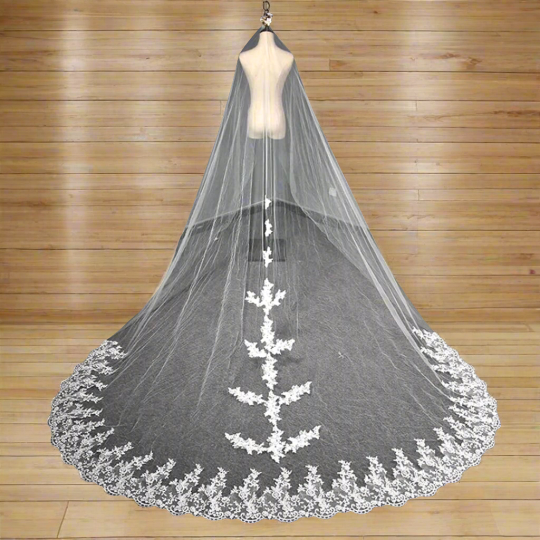 Front view of Cathedral Bridal Veil draped over model — GownLink GLVP20