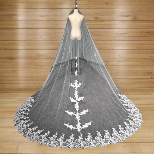 Front view of Cathedral Bridal Veil draped over model — GownLink GLVP20