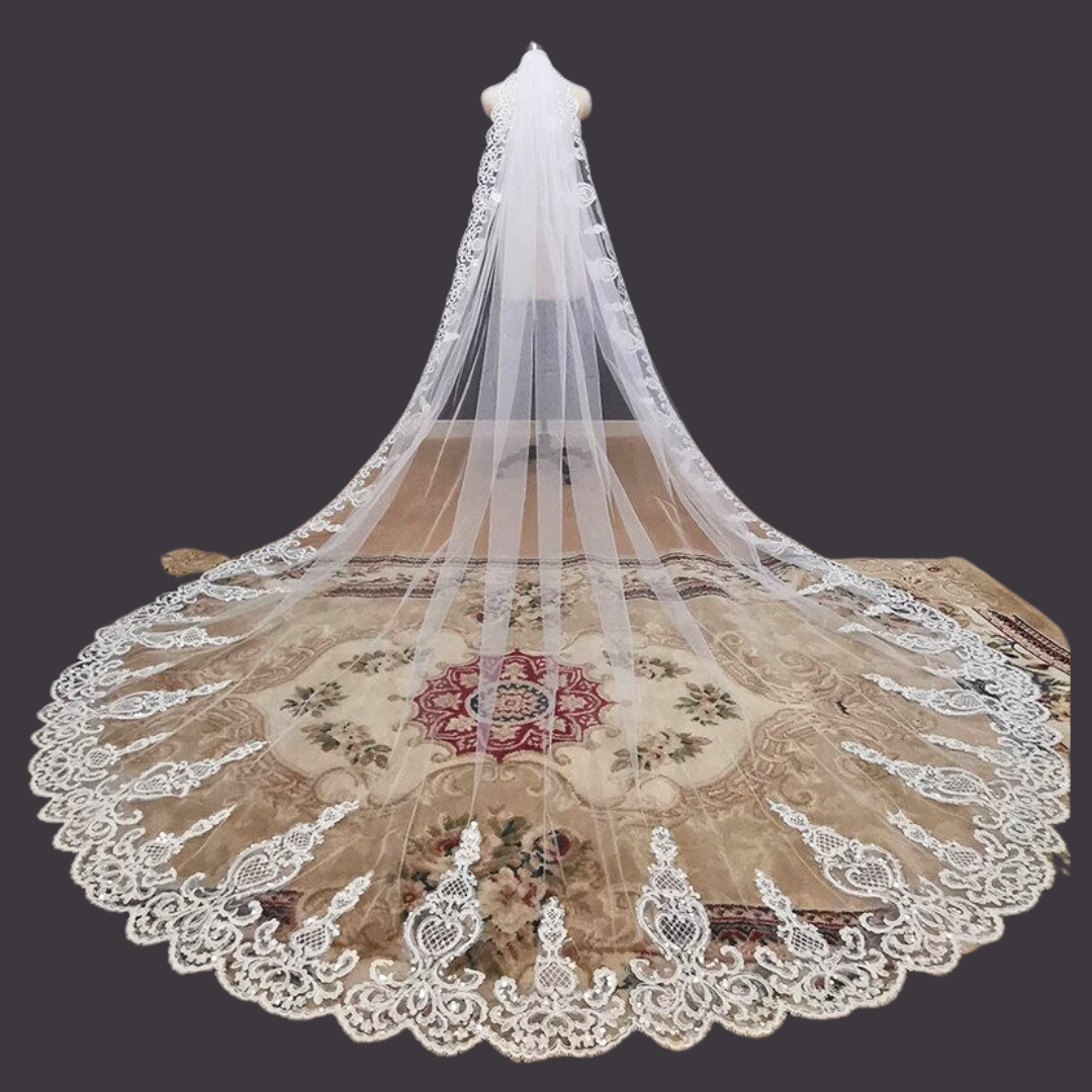 Close-up of lace edge detail on Cathedral Bridal Veil — GownLink GLV10