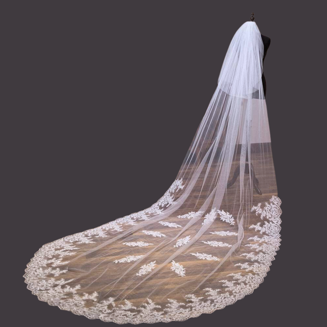 Close-up of lace edge detail on Cathedral Bridal Veil — GownLink GLVHM5A