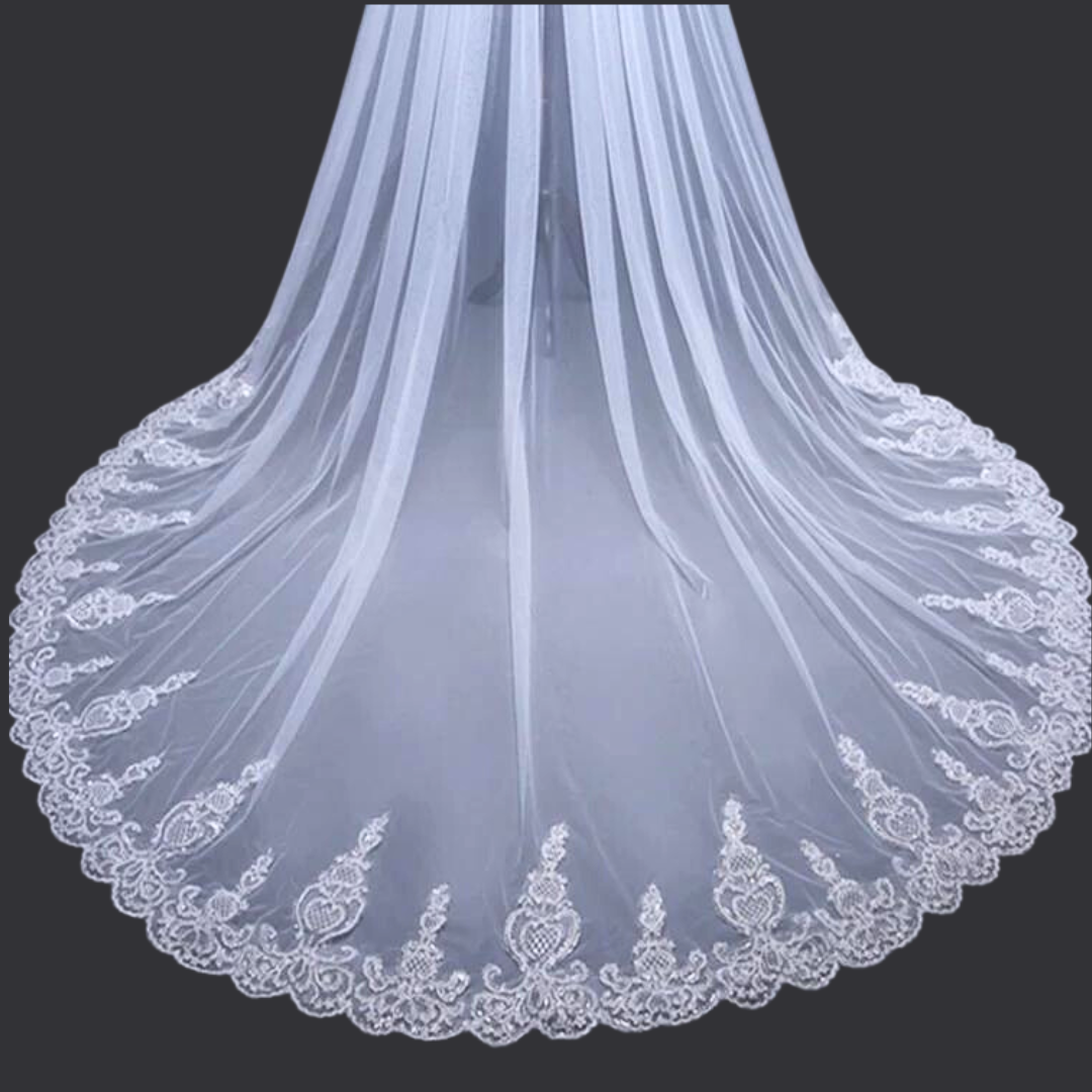 Layer detail of Cathedral Bridal Veil showing tulle and lace — GownLink GLV10