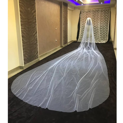 Model wearing Cathedral Bridal Veil with bridal gown — GownLink GLVHMN1