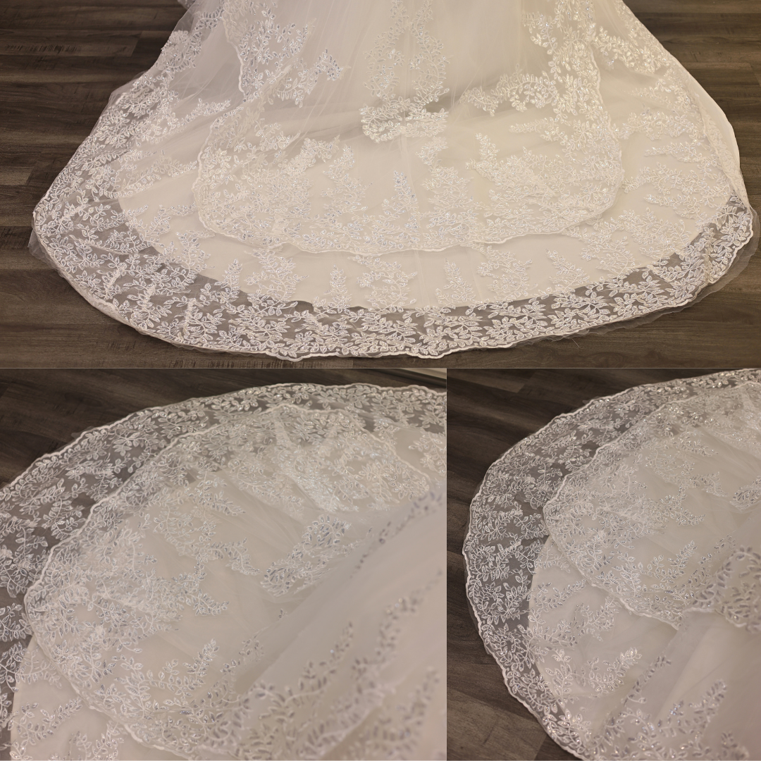 Cathedral-style bridal dress featuring floral lace details and elegant Christian wedding fashion