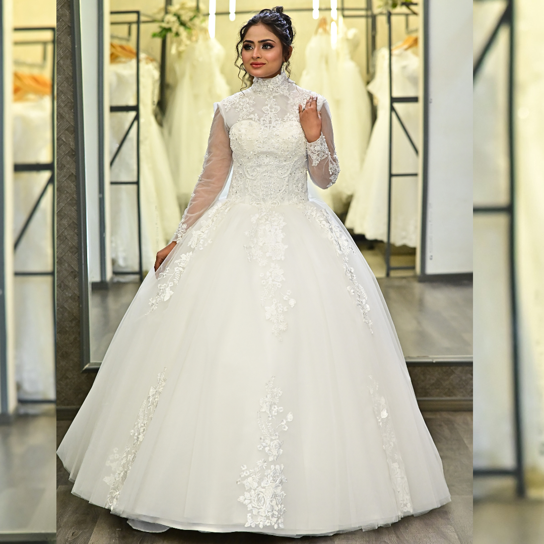 Three-quarter view of White Princess on model — GownLink GLHL2311