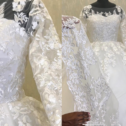 Cathedral-style Christian wedding gown with elegant lace details and a sweeping bridal train