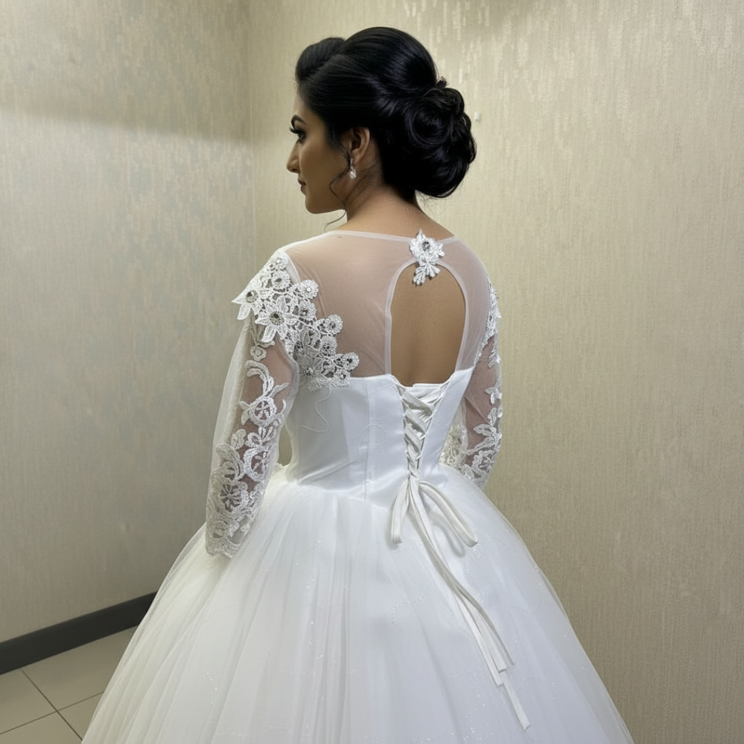 GownLink cathedral train bridal gown with premium lace detailing and a romantic princess silhouette
