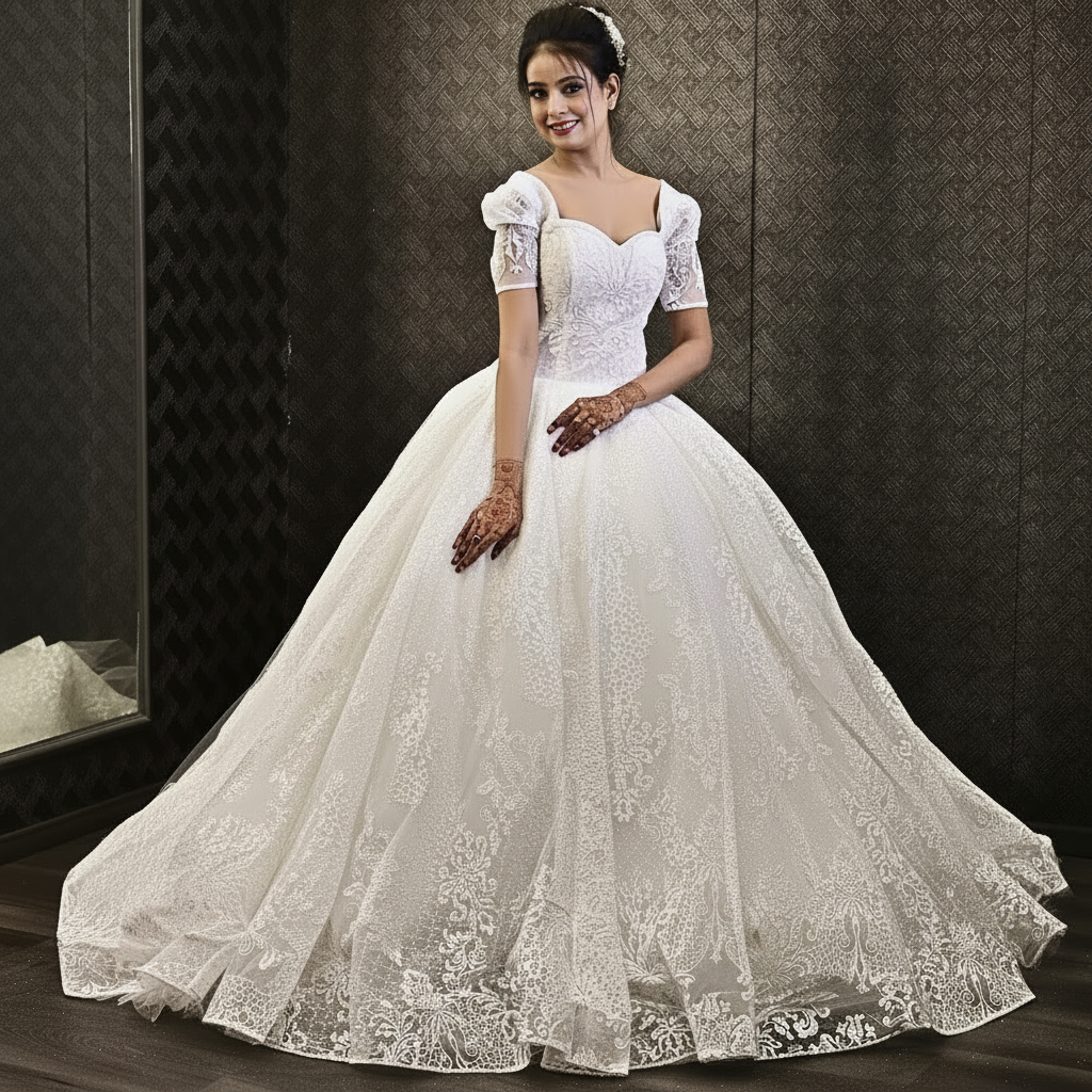Hem and train lace detail on White Bridal Gown Sparkle with Train — GownLink GLGT166T
