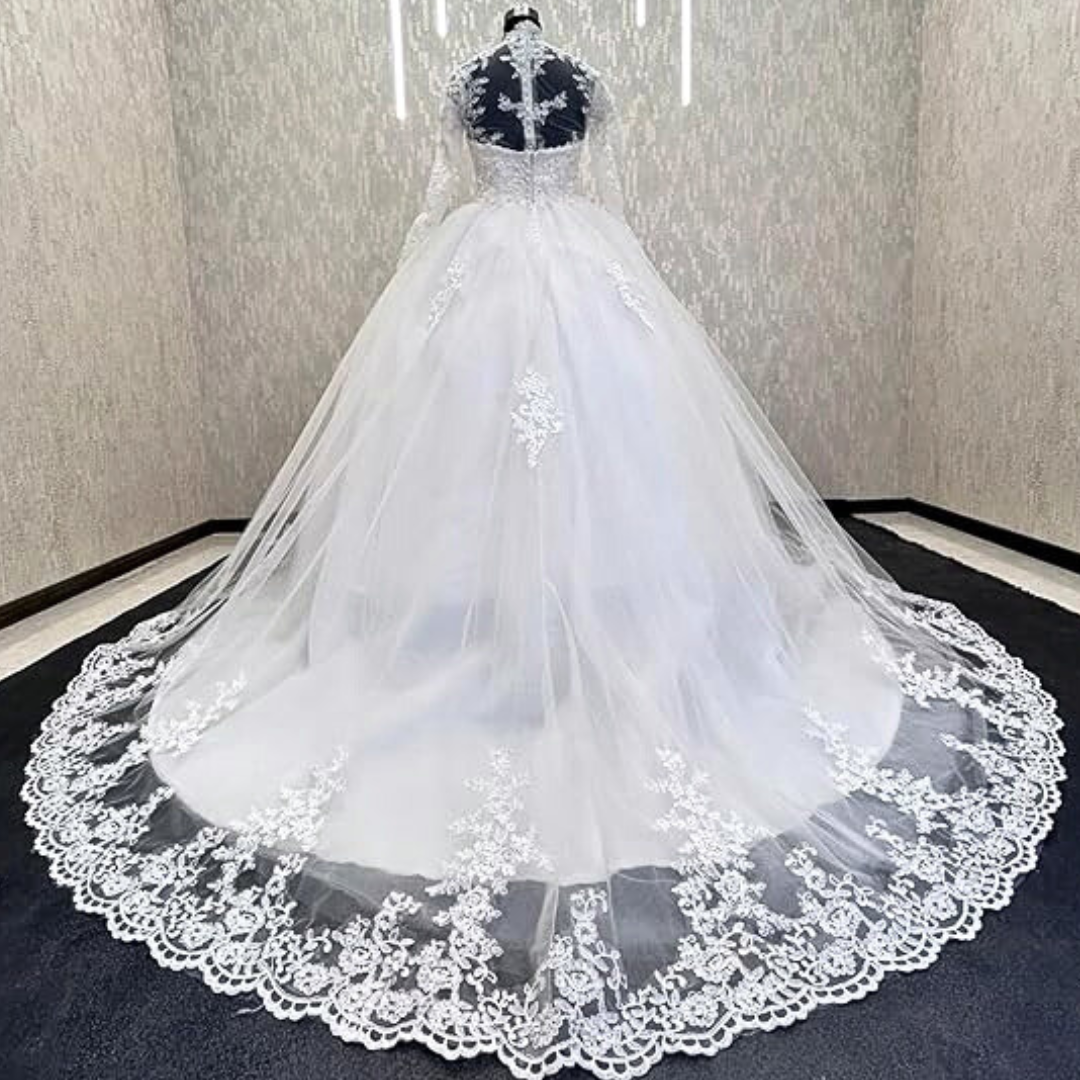 Hem and train lace detail on White Bridal Gown with High Neck — GownLink GLW20T
