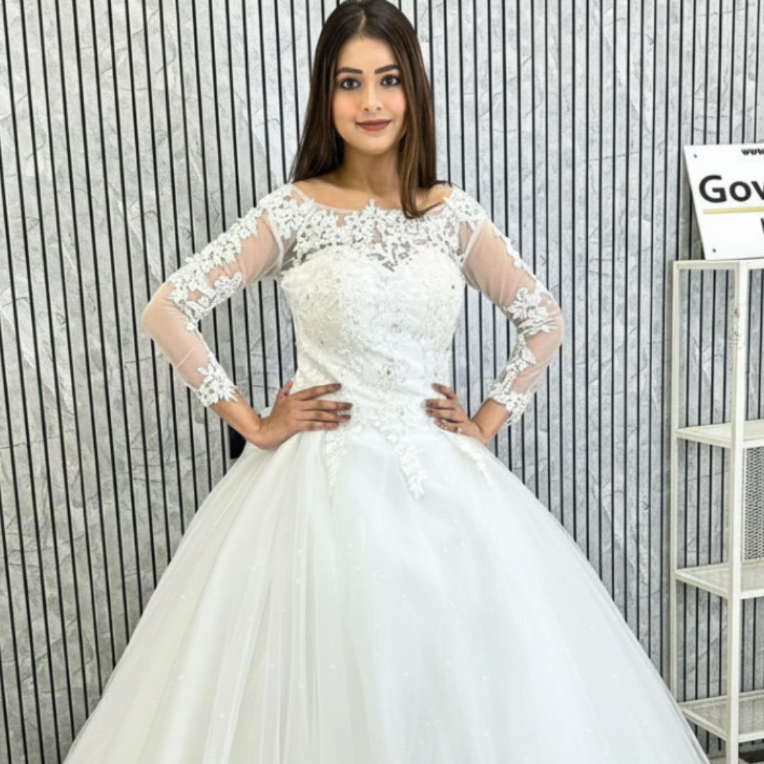 Detail of neckline and bodice on White Bridal Gown with Long Train — GownLink GLHSD189T