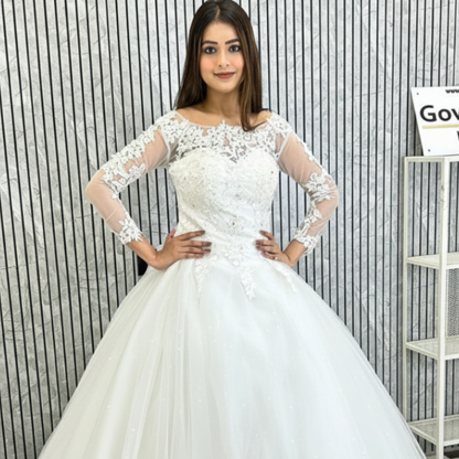 Detail of neckline and bodice on White Bridal Gown with Long Train — GownLink GLHSD189T