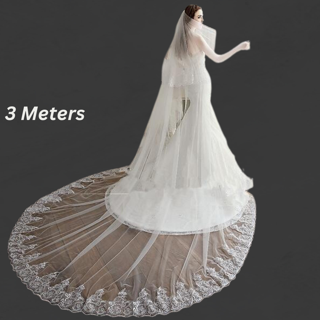 GownLink cathedral bridal veil with embroidered lace border