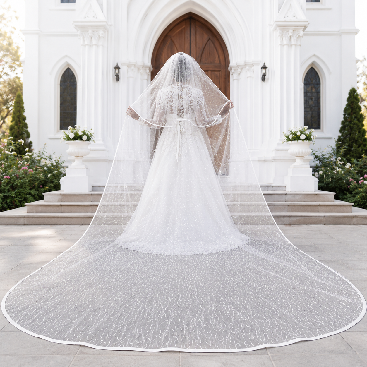 Back view of Cathedral Bridal Veil showing full length and drape — GownLink GLVHS14