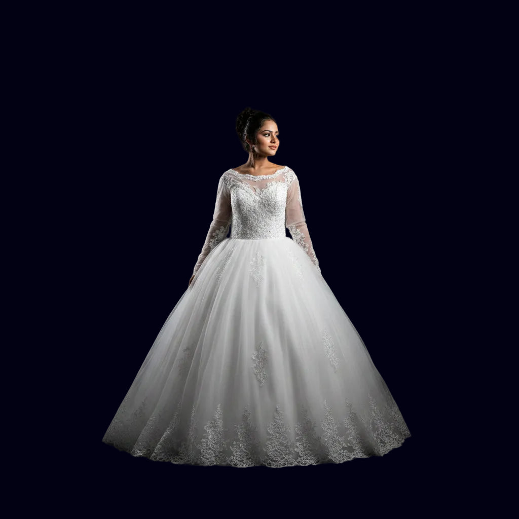 Full-length view of White Ball Gown with train spread on floor — GownLink GLGB150