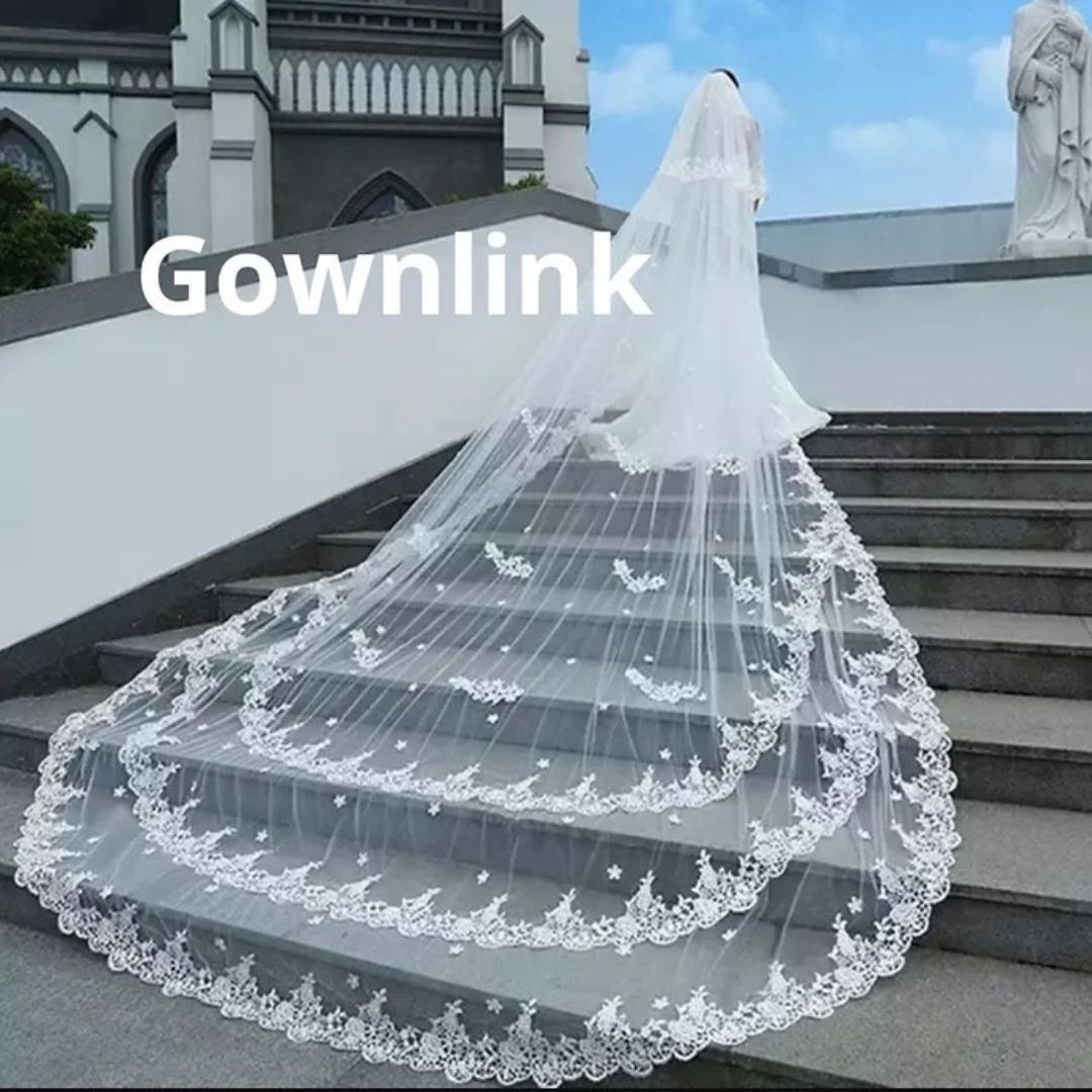 Model wearing Long Bridal Veil with bridal gown — GownLink GLJAV06654