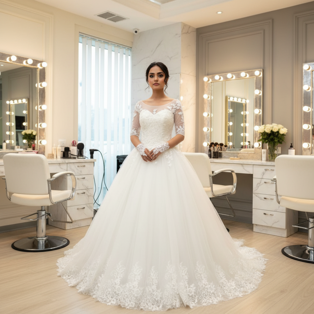 Close-up of sheer illusion neckline on GownLink Christian wedding dress
