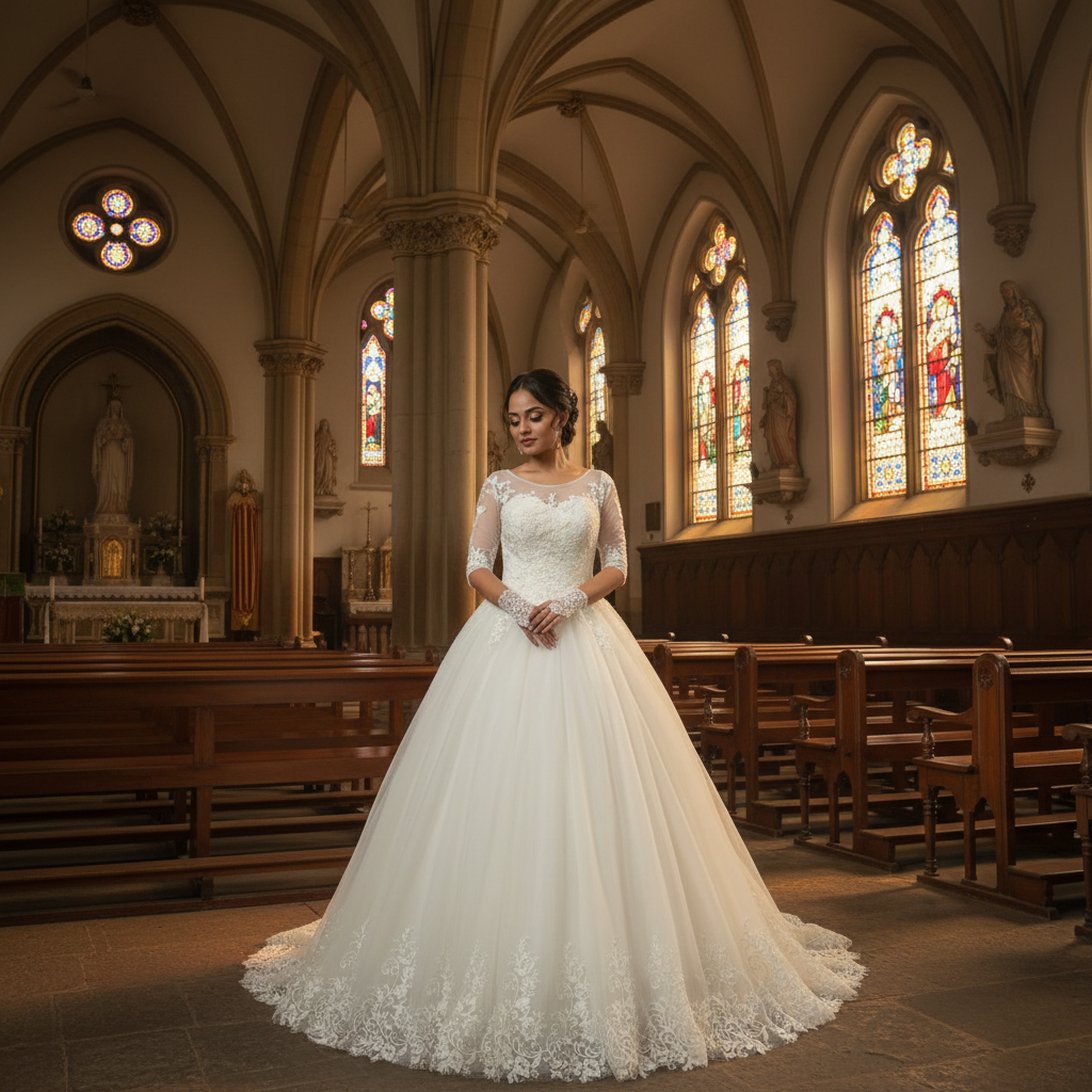 Lace appliqué hem and train on GownLink white bridal gown