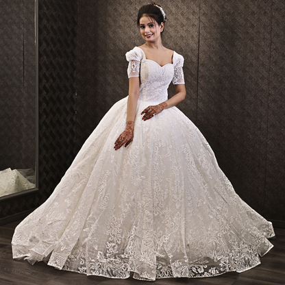 Close-up of lace and fabric detail on White Ball Gown — GownLink GLGT166B