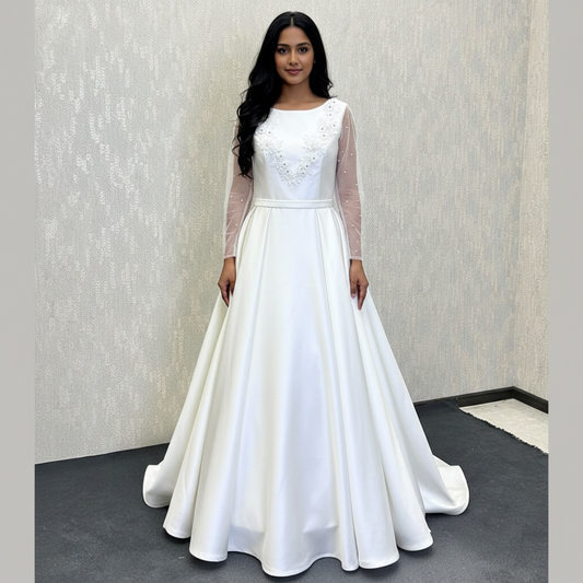 Round neck satin train gown GLSTP20 for Christian & Catholic brides across Kerala, Goa, Mangalore, Tamil Nadu & North-East India, plus NRI brides in USA, UK & Gulf
