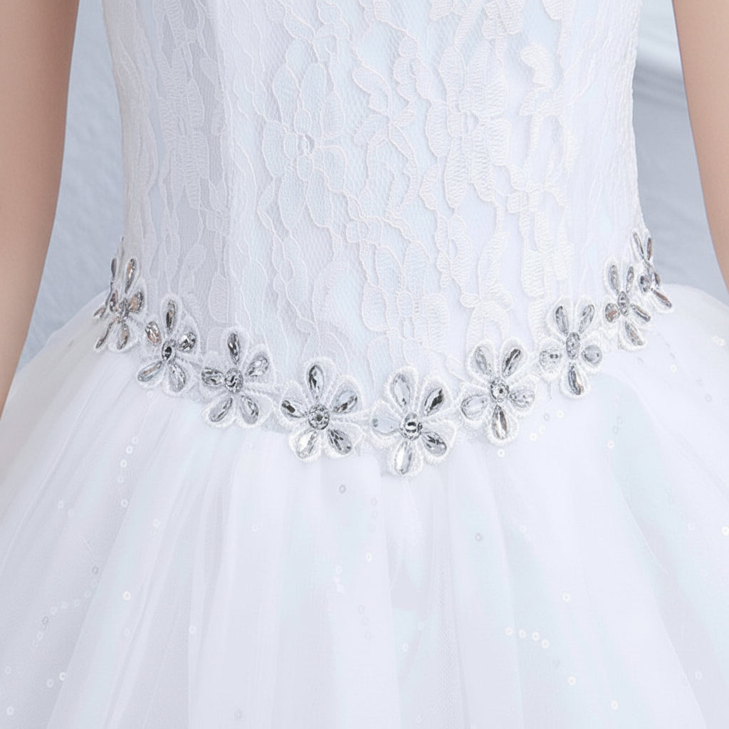 Full-length view of White Ball Gown with train spread on floor — GownLink GLHS587B