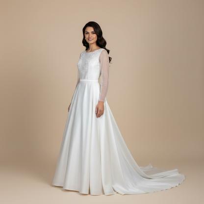 Floral lace appliqué neckline detail on GownLink wedding dress