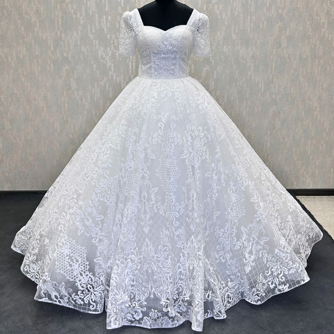 Sleeve detail close-up on White Ball Gown — GownLink GLGT166B