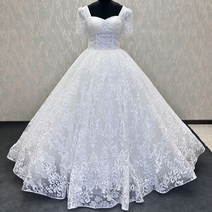 Sleeve detail close-up on White Ball Gown — GownLink GLGT166B