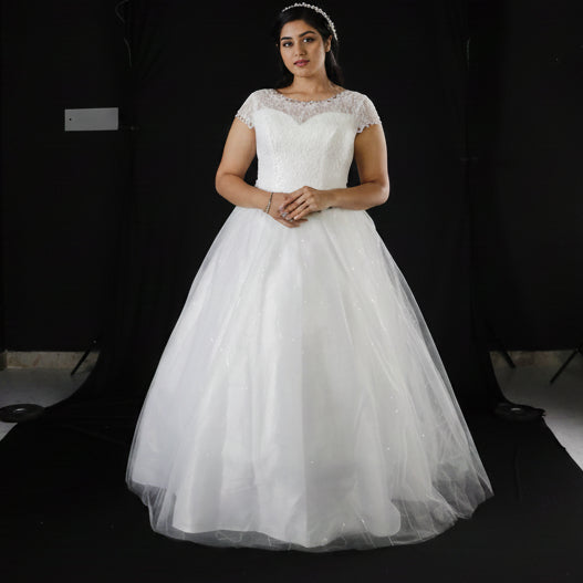 Detail of neckline and bodice on White Ball Gown — GownLink GLHS587B
