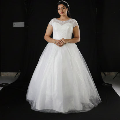 Detail of neckline and bodice on White Ball Gown — GownLink GLHS587B