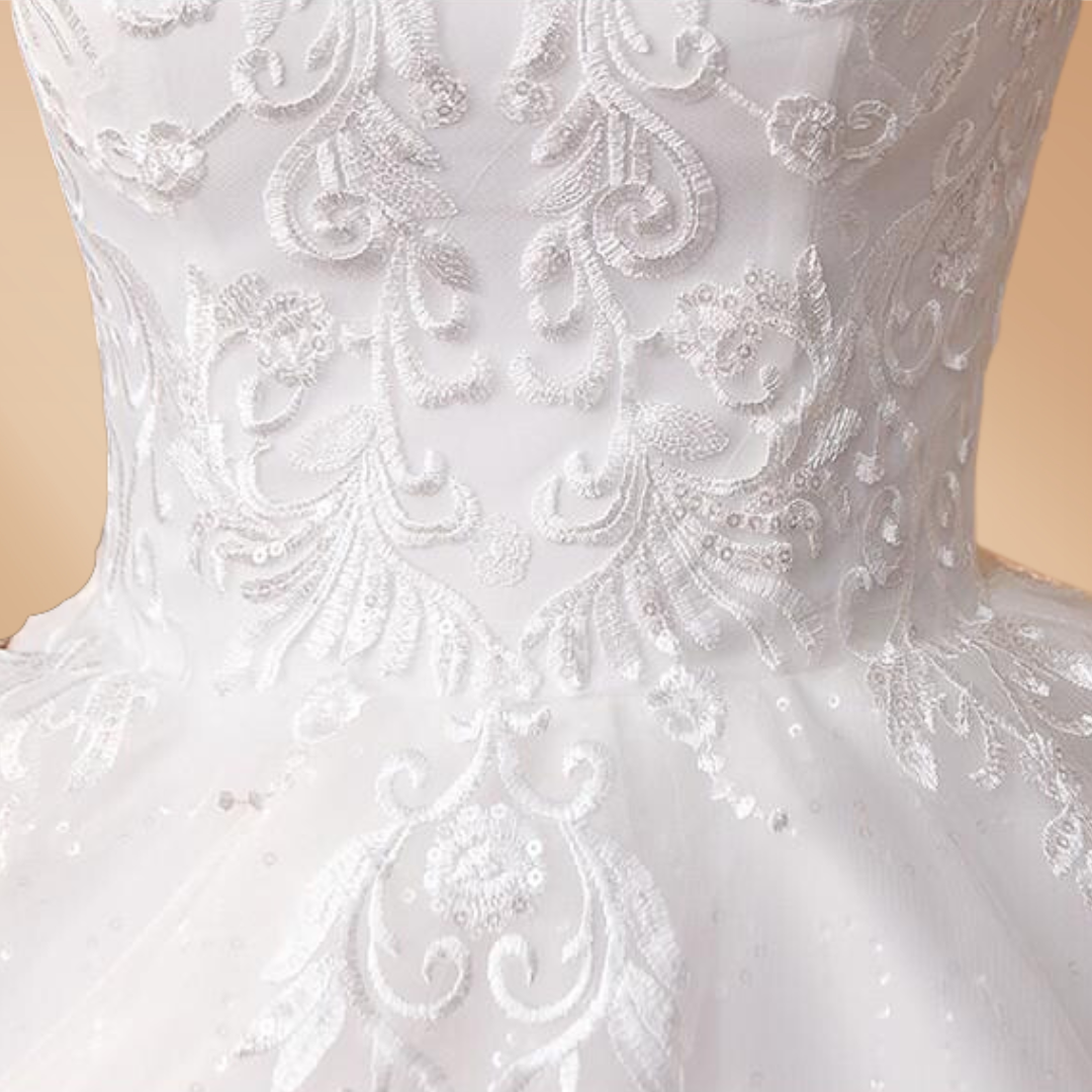 Full-length view of GownLink white bridal ball gown