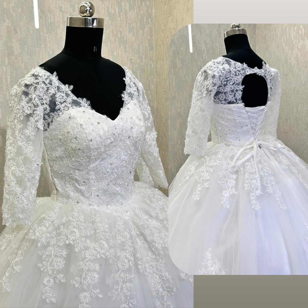 Full-length photo of GownLink white Christian wedding gown