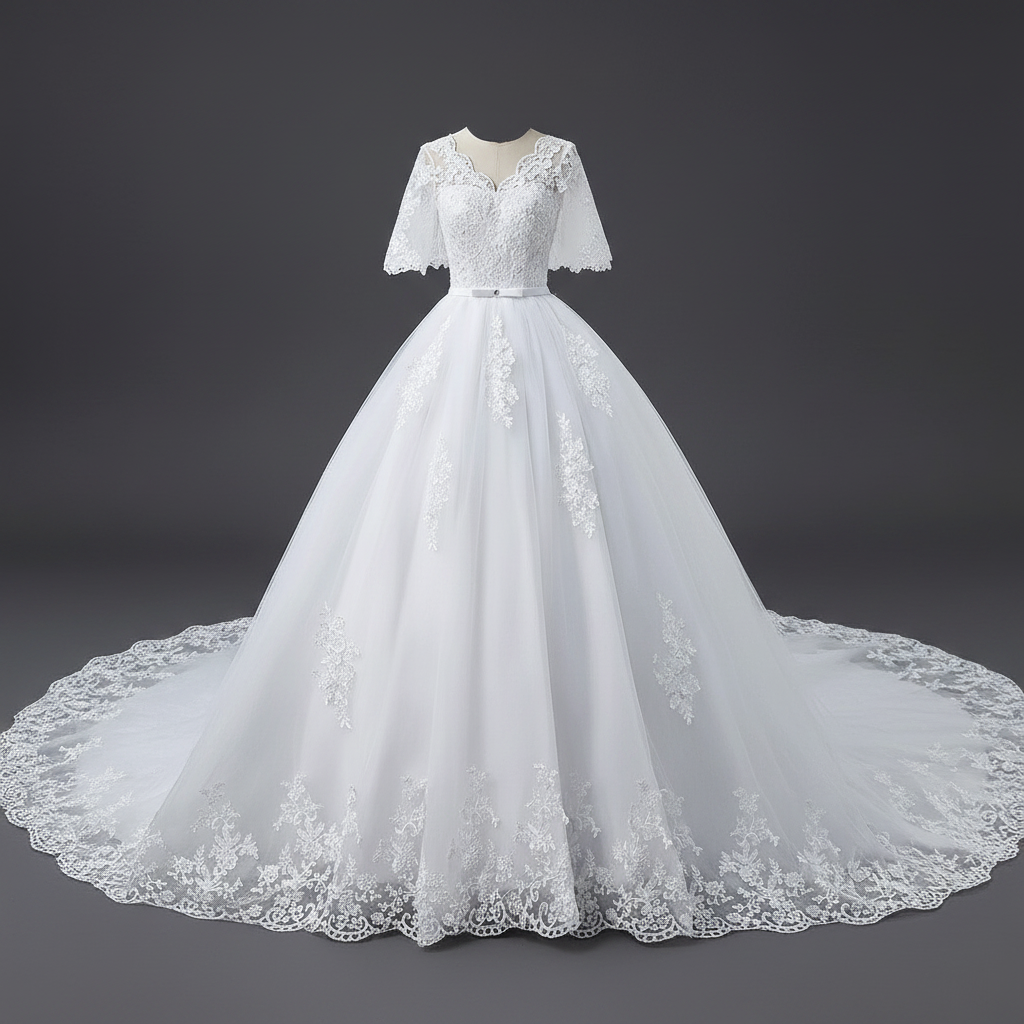 Classic white wedding train gown GLHSD14T for Christian & Catholic brides across Kerala, Goa, Mangalore, Tamil Nadu & North-East India, plus NRI brides in USA, UK & Gulf