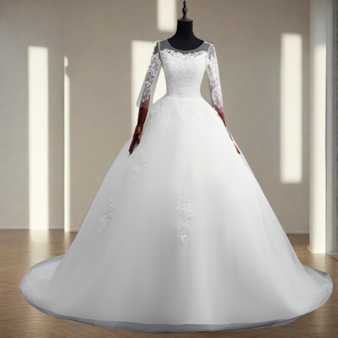 Royal wedding dress with long train GLGB406T for Christian & Catholic brides across Kerala, Goa, Mangalore, Tamil Nadu & North-East India, plus NRI brides in USA, UK & Gulf